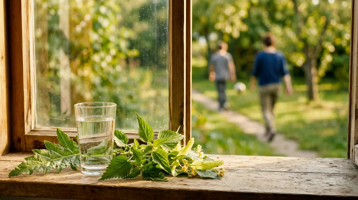Un grand verre d'eau transparent est posé sur un rebord de fenêtre en bois brut, à côté d'un bouquet de plantes fraîches d'ortie et de fleurs de tilleul. À l'extérieur, à travers la fenêtre, deux personnes marchent dans un jardin ensoleillé et flou. Image