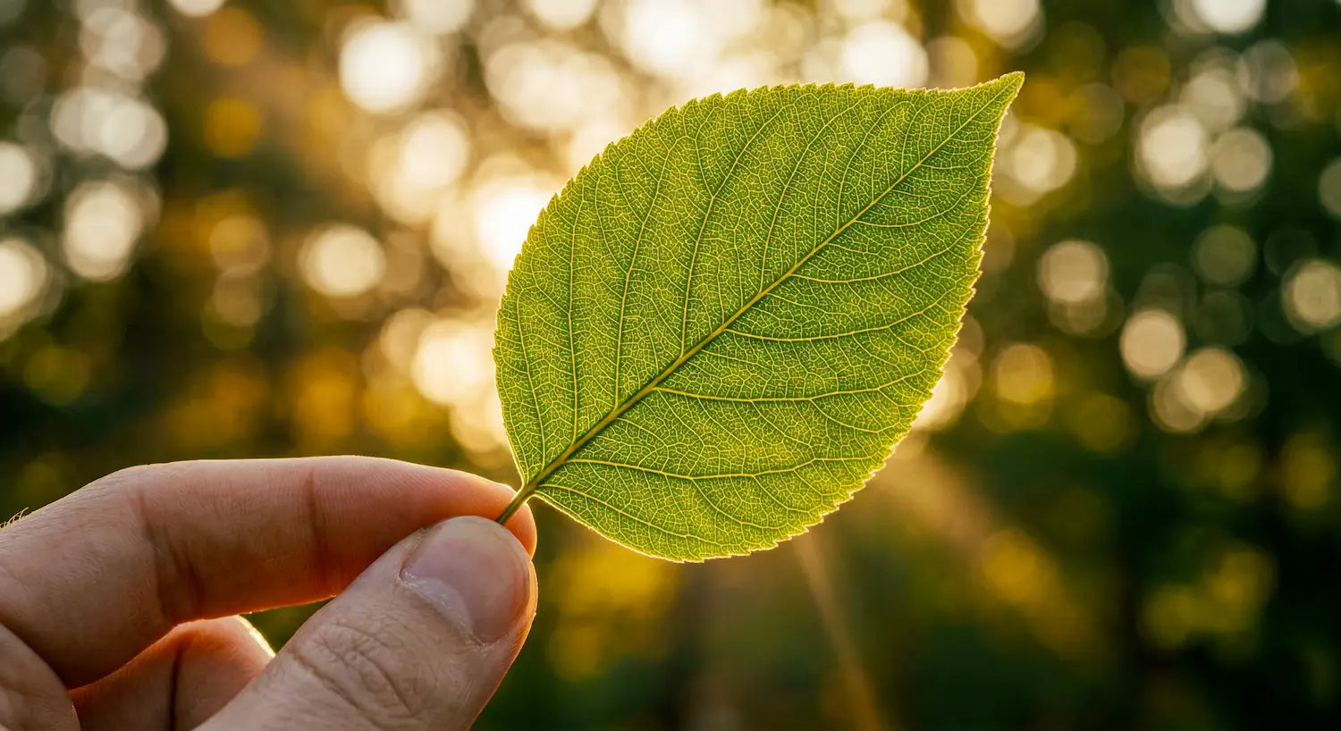 Une main tenant une seule feuille verte contre un bois ensoleillé, éclairée en contre-jour pour révéler sa structure veineuse complexe, représentant la pureté naturelle par Atout Santé Nature Image