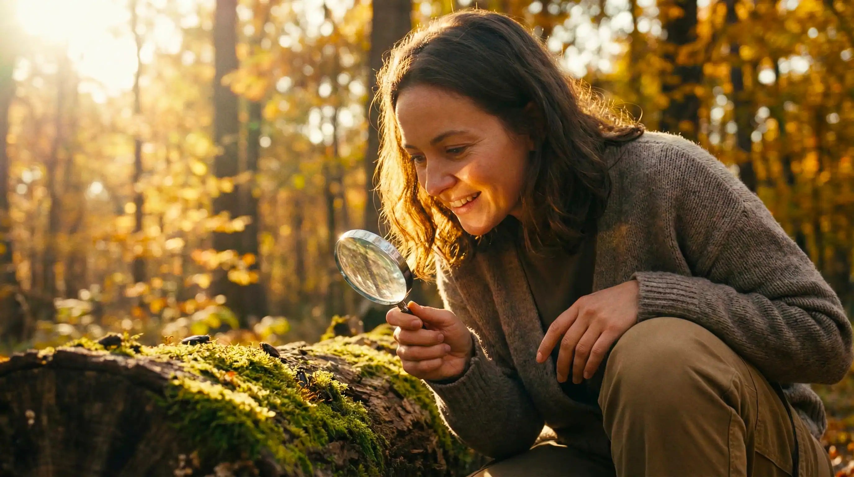 Une femme en forêt examine la nature avec une loupe, symbolisant le discernement nécessaire pour bien choisir un complément alimentaire de qualité Image