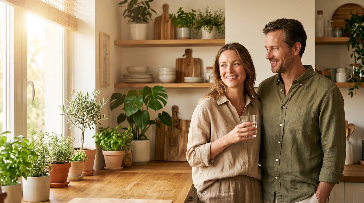 couple souriant dans une cuisine lumineuse bienfaits du citrate de zinc d'atout santé nature  Image