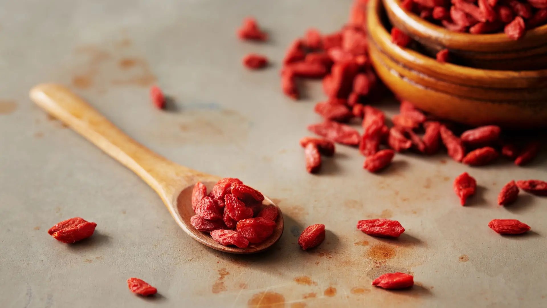 Gros plan sur des baies de goji vivantes de Mongolie charnues et moelleuses présentées dans une cuillère en bois, superfruit riche en polysaccharides LBP Image