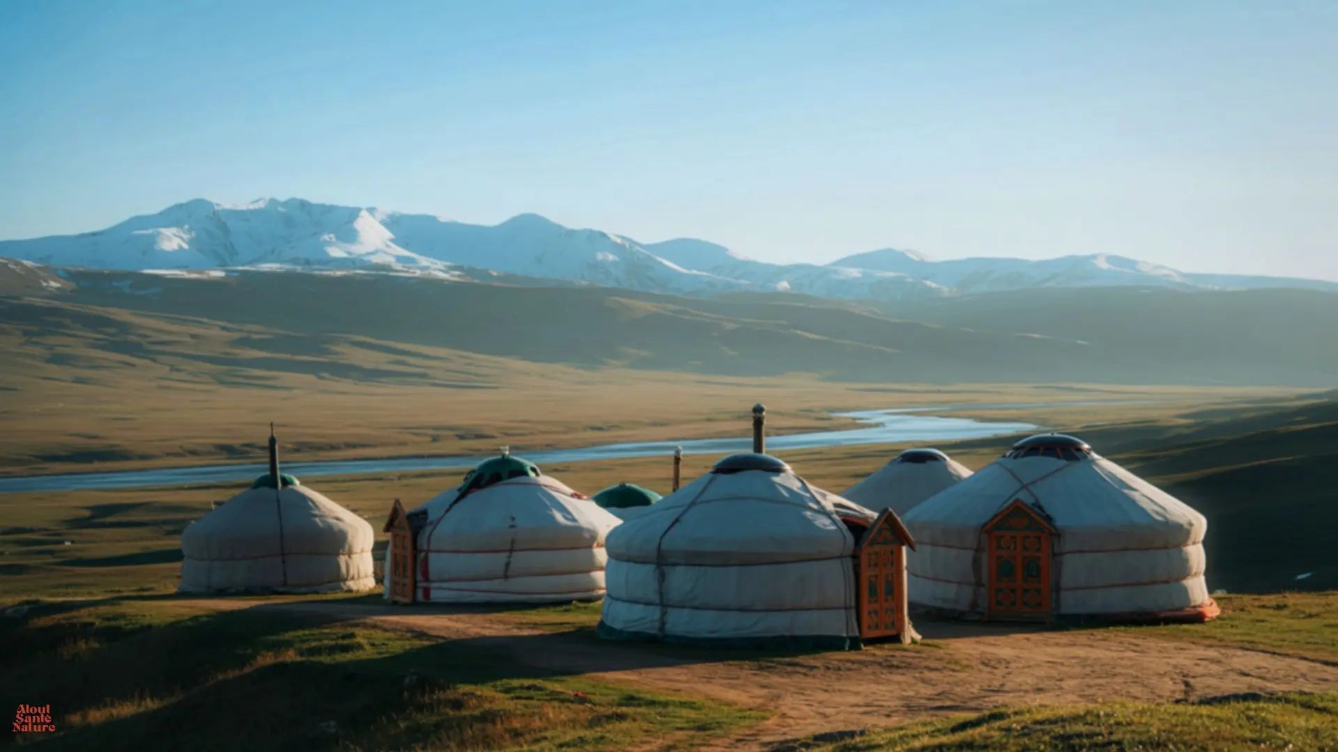 Paysage des hauts plateaux de Mongolie avec yourtes traditionnelles, zone de récolte sauvage des baies de goji vivantes non ionisées et non stérilisées. Image
