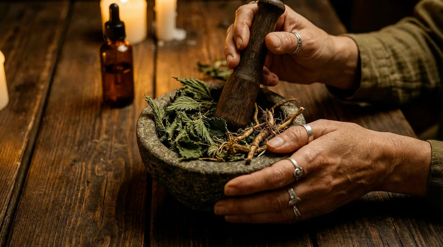 Une personne utilise un pilon et un mortier pour broyer des feuilles d'ortie séchées et des racines de valériane, créant un remède naturel sur une table en bois rustique avec des bougies et un flacon d'huile Image