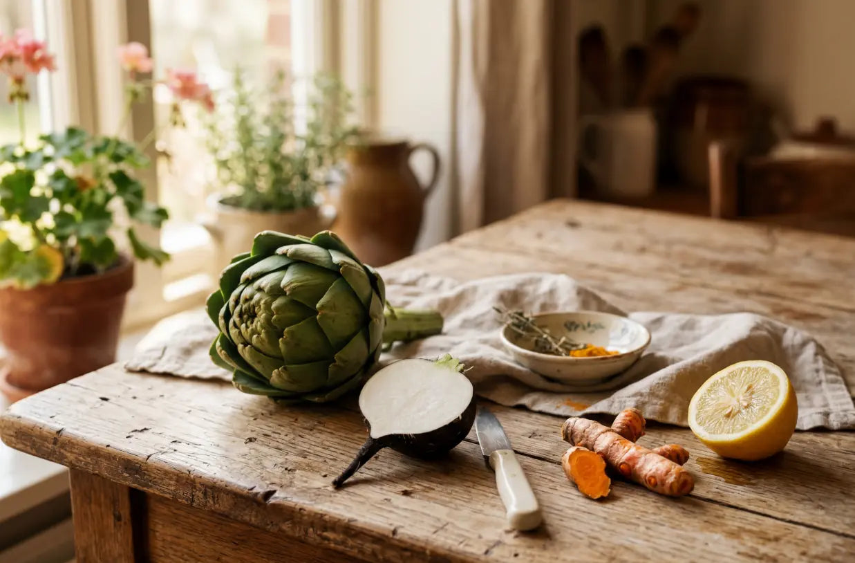 Gros plan sur une table en bois avec un artichaut entier, un radis noir coupé, du curcuma frais, un demi-citron et un couteau de cuisine, mettant en valeur les ingrédients frais d'Atout Santé Nature Image