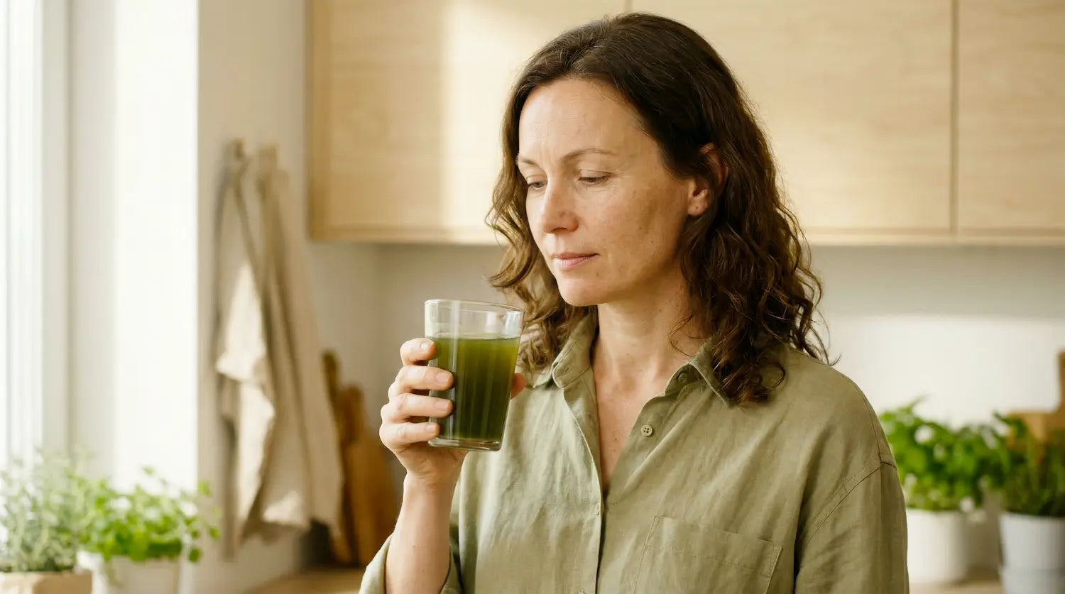 Une femme aux cheveux bouclés, portant une chemise en lin verte, tient un verre en commenant sa detox de printemps. Elle regarde le verre avant de boire. Image