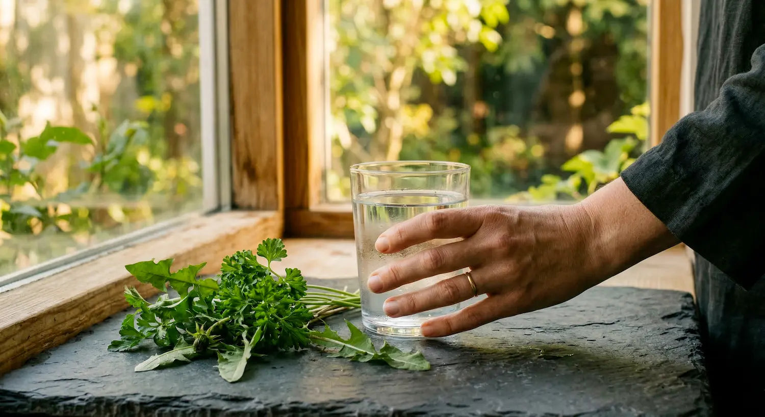 Une personne tendant la main vers un verre d'eau transparent et un bouquet d'herbes vertes fraîches de persil et de pissenlit sur une plaque d'ardoise. Image