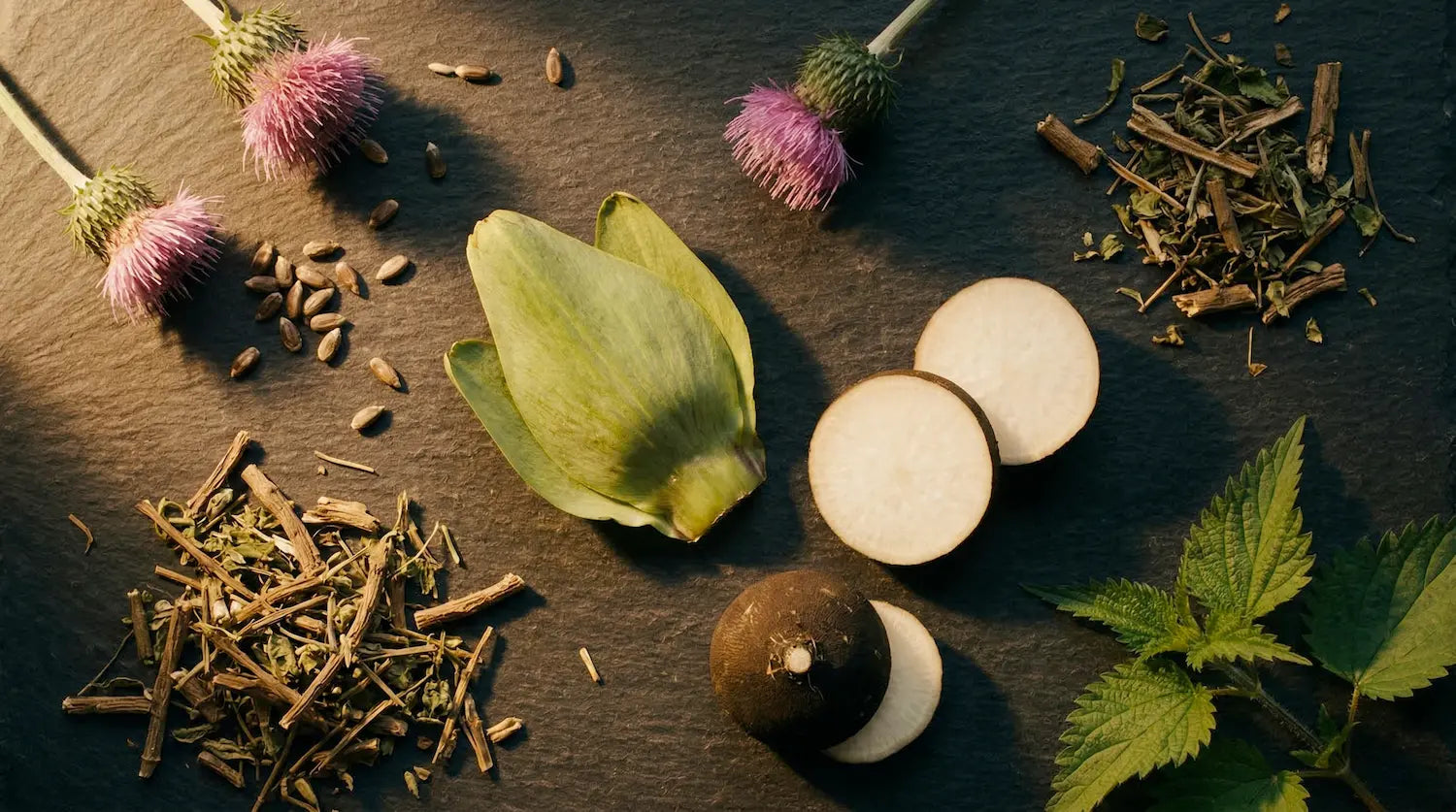 Prise de vue à plat organisée sur une surface de schiste noir rugueux, montrant une tête d'artichaut au centre, entourée de fleurs de chardon marie, d'herbes séchées, de tranches de radis noir, de poudre jaune, de graines et d'un brin d'ortie, sous un rayon de soleil. Image