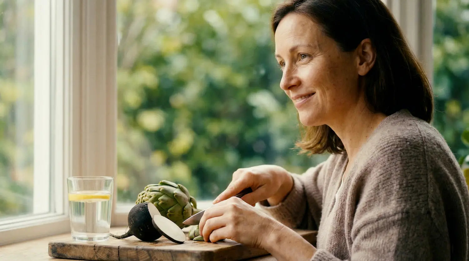 Une femme souriante préparant des aliments frais près d'une fenêtre ensoleillée, coupant un artichaut et un radis noir sur une planche en bois, avec un verre d'eau citronnée à proximité Image