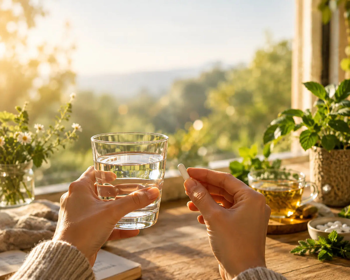 Mains tenant un verre d'eau et un complément de vitamine C près d'une fenêtre lumineuse, routine immunité du matin
 Image