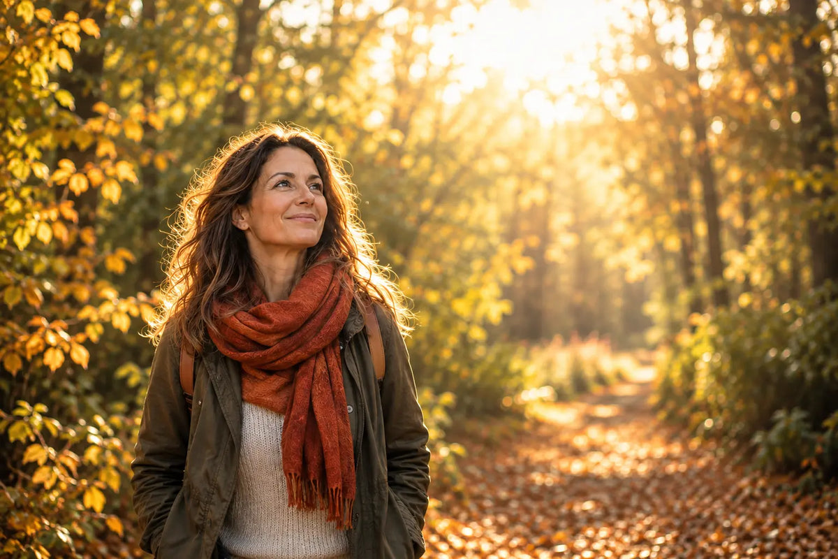 Femme sereine marchant dans une forêt ensoleillée en automne, illustrant la vitalité et les défenses naturelles
 Image