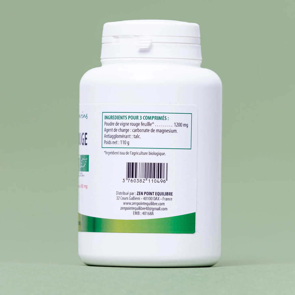 Étiquette composition Vigne Rouge Bio : dosage fort 1200mg pour 3 comprimés et certification Agriculture Biologique