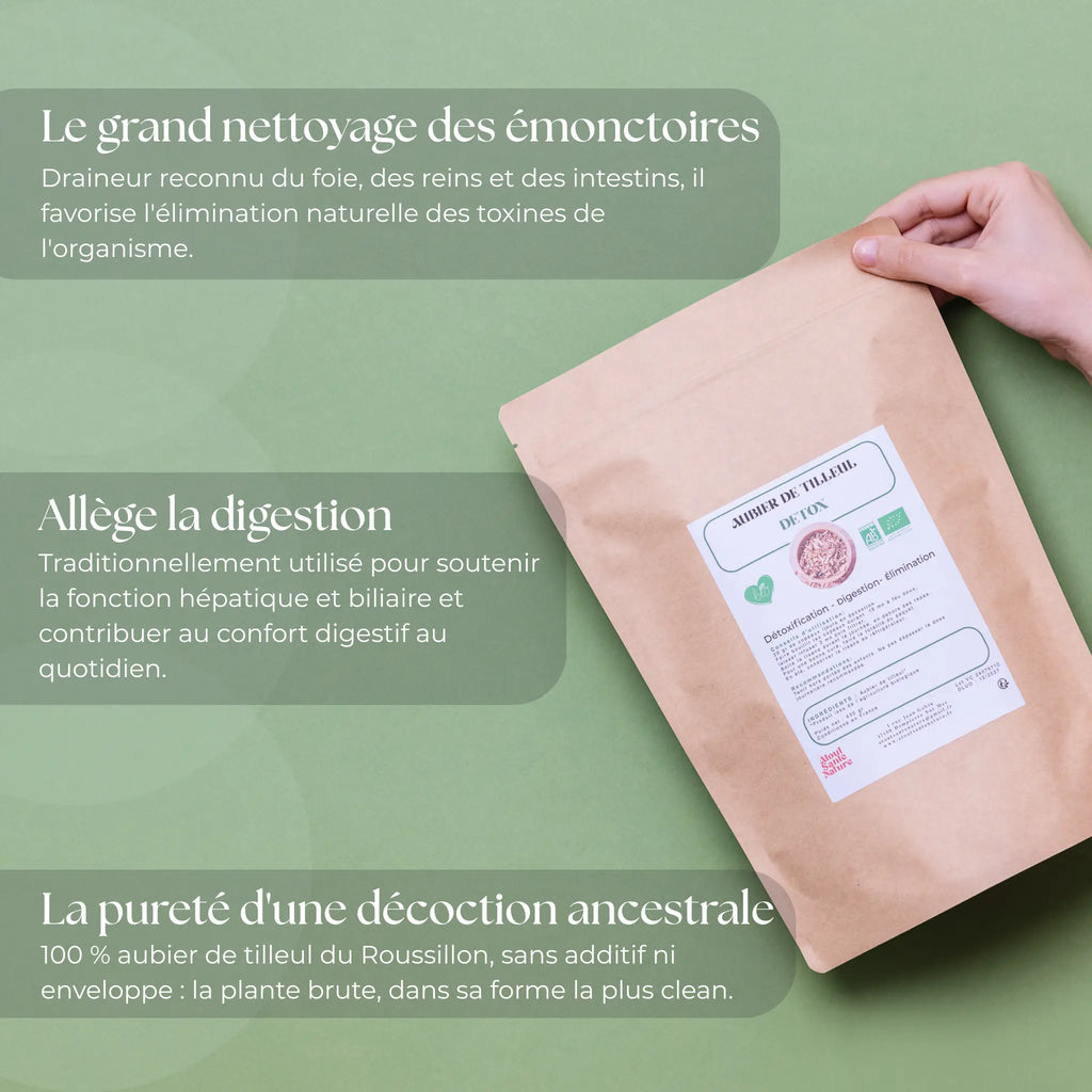 Les 3 bénéfices de l'aubier de tilleul bio a faire en decoction  pour drainer le foie et les reins, et soutenir le confort digestif, par atout santé nature