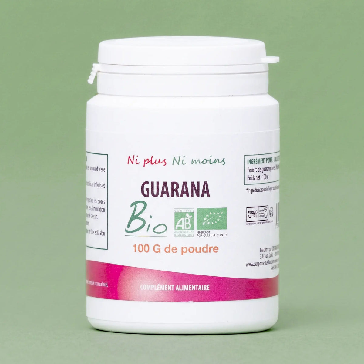 Vue de face de la boîte de Guarana en poudre certifié Agriculture Biologique 100g, complément alimentaire Atout Santé Nature.