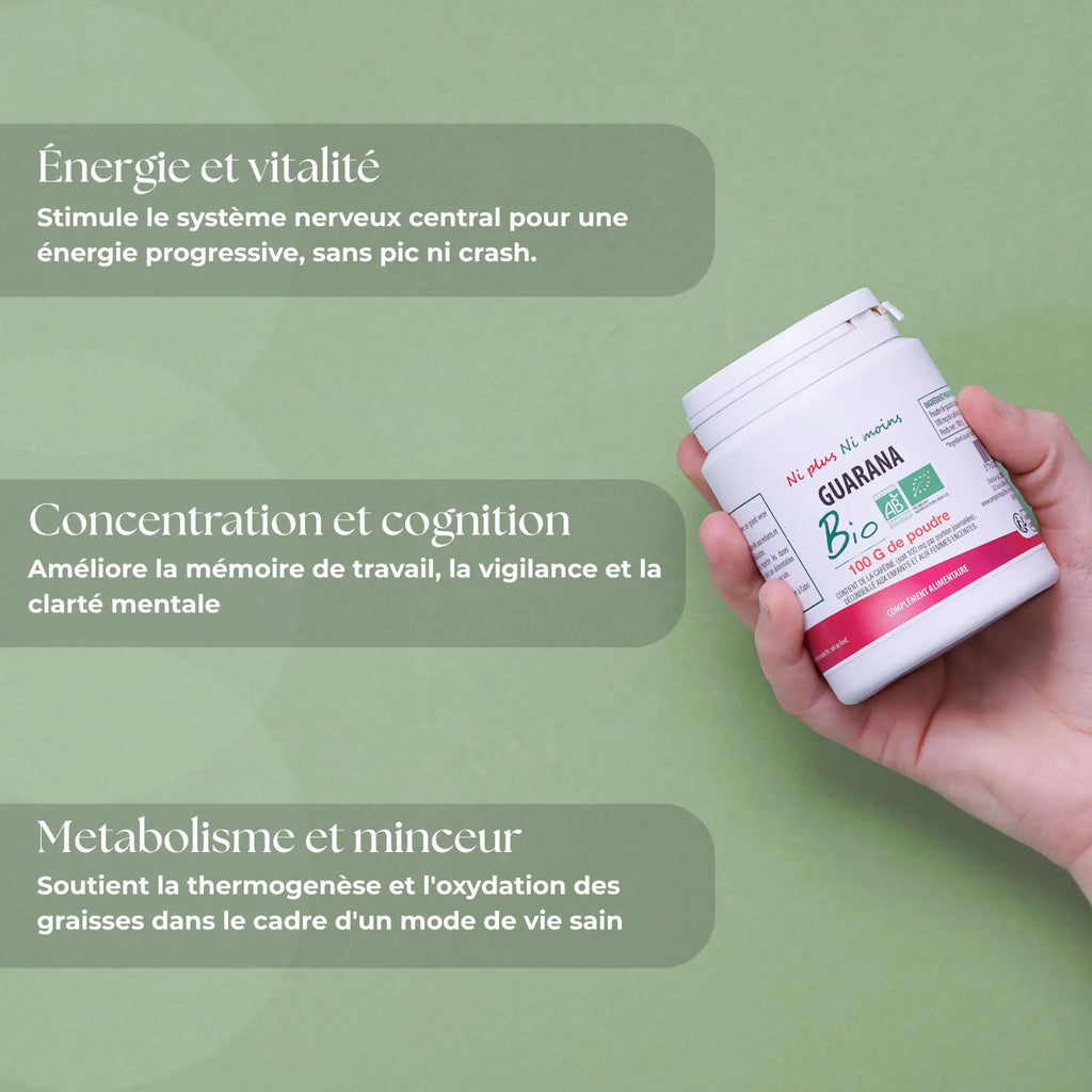 Infographie des bienfaits du Guarana Bio Atout Santé Nature : énergie progressive, concentration mentale, et soutien au métabolisme minceur.