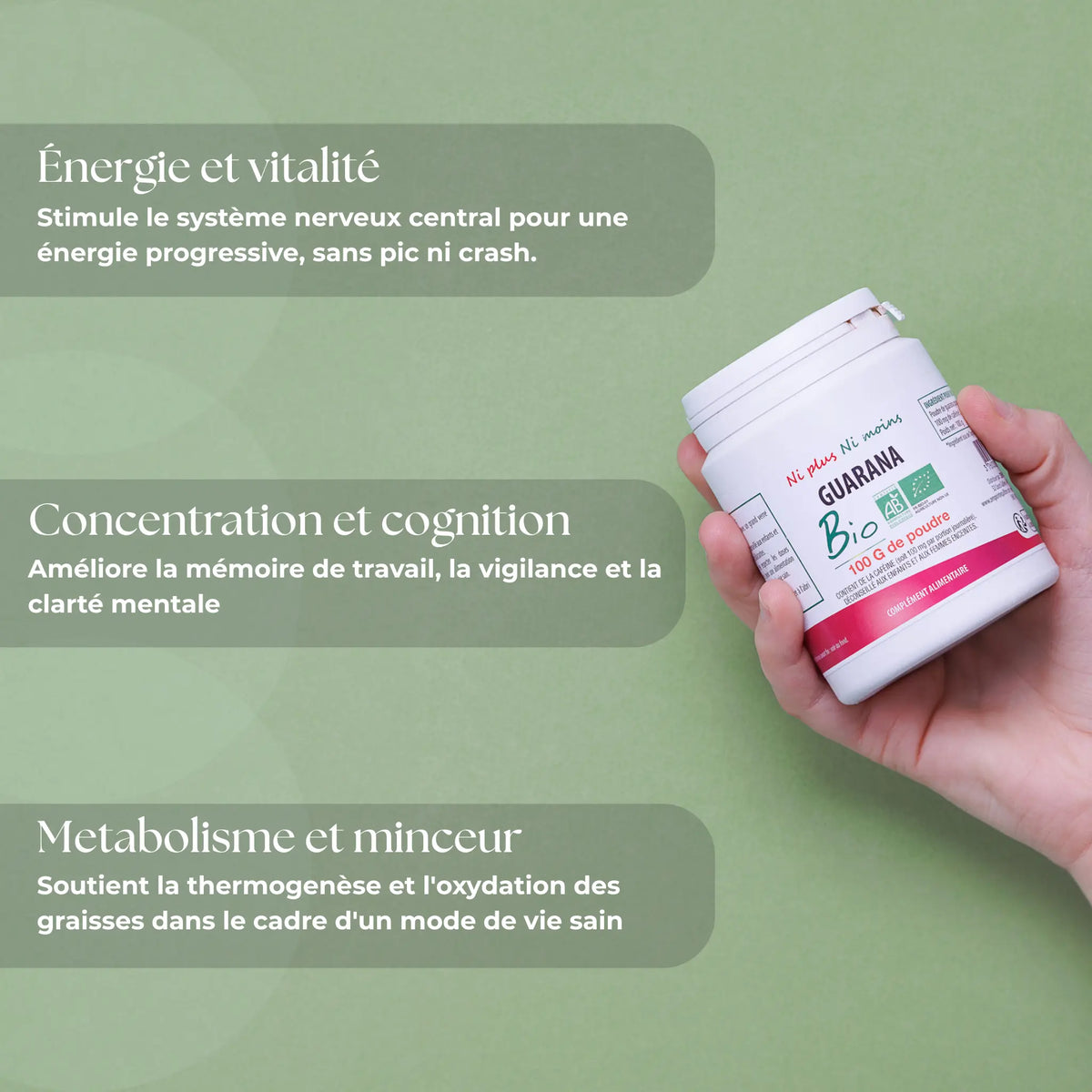 Infographie des bienfaits du Guarana Bio Atout Santé Nature : énergie progressive, concentration mentale, et soutien au métabolisme minceur.