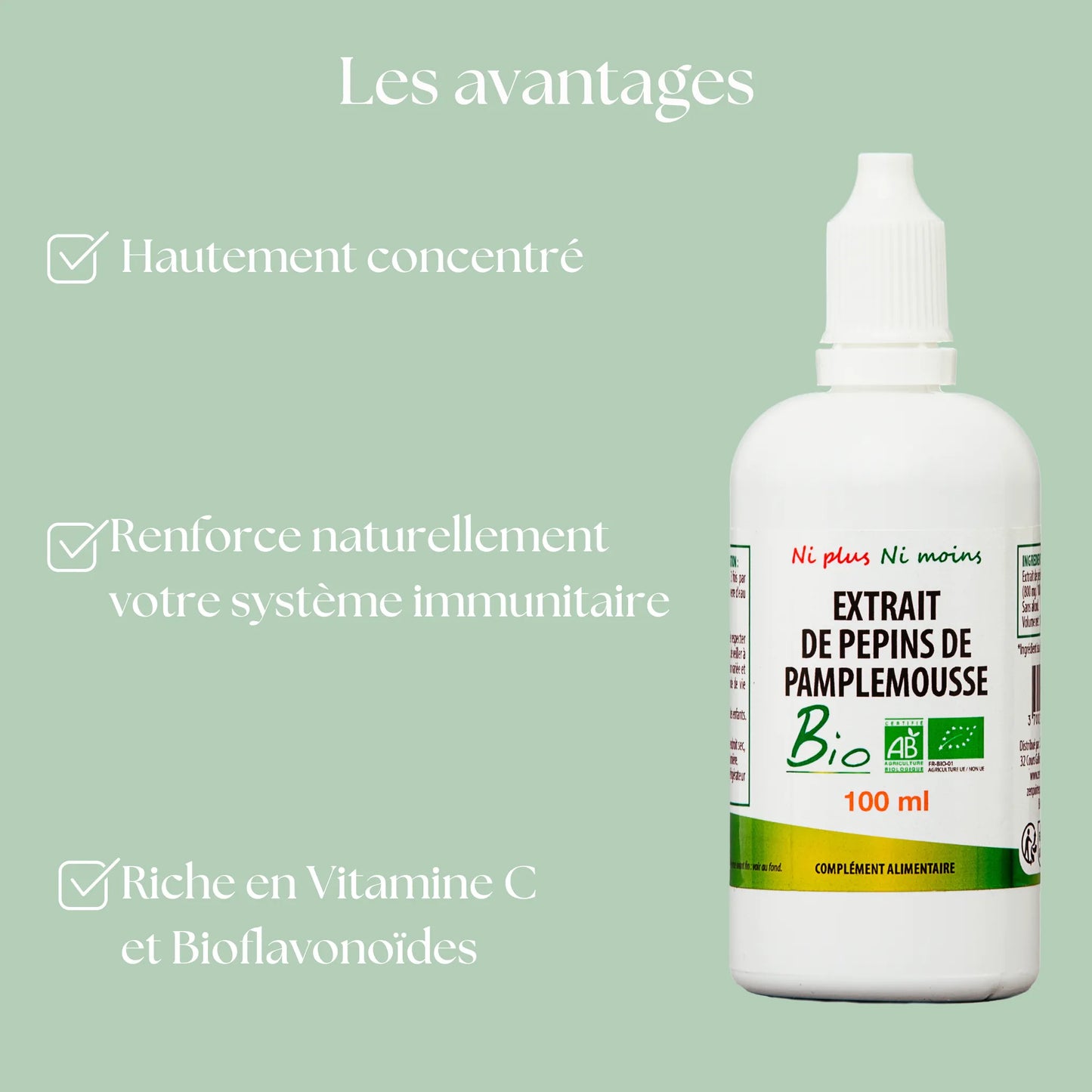 Découvrez les avantages de notre flacon d'extrait de pépin de pamplemousse Bio riche en vitamine C et bioflavonoïdes pour renforcer votre système immunitaire. Le compagnon idéal pour vos hivers