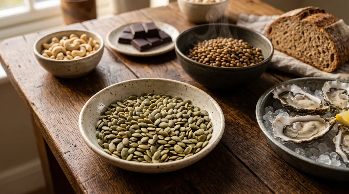 aliments riches en zinc et céréales complètes sur une table en bois  Image
