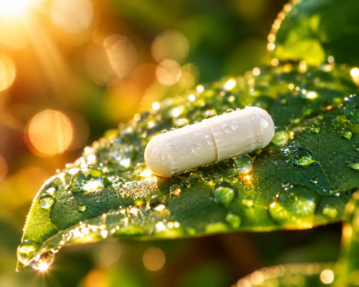 Gros plan d'une capsule dorée de vitamine C liposomale sur une feuille, évoquant sa biodisponibilité
 Image