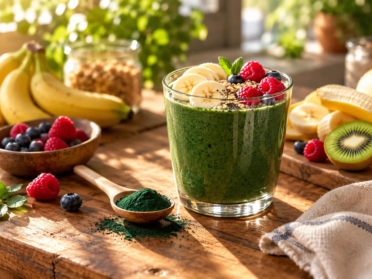 Smoothie vert à la spiruline bio d'atout santé nature avec banane et fruits rouges Image