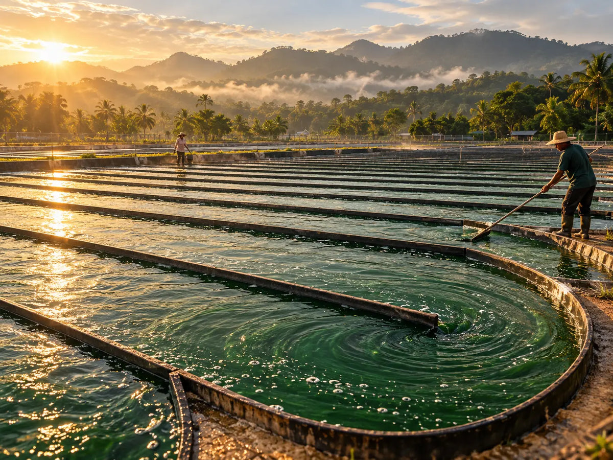 Bassin de culture de spiruline Bio sous le soleil tropical de l'ile Hainan Image