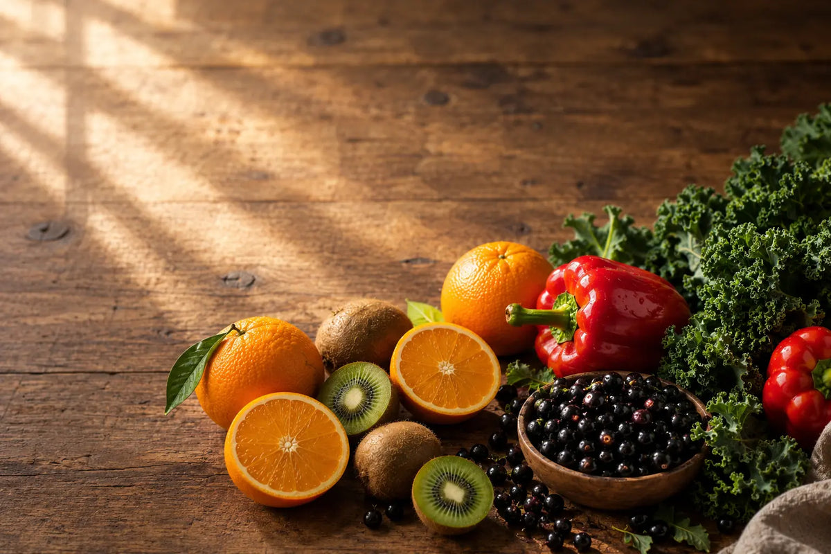 Fruits et légumes de saison riches en vitamine C disposés sur une table en bois rustique
 Image