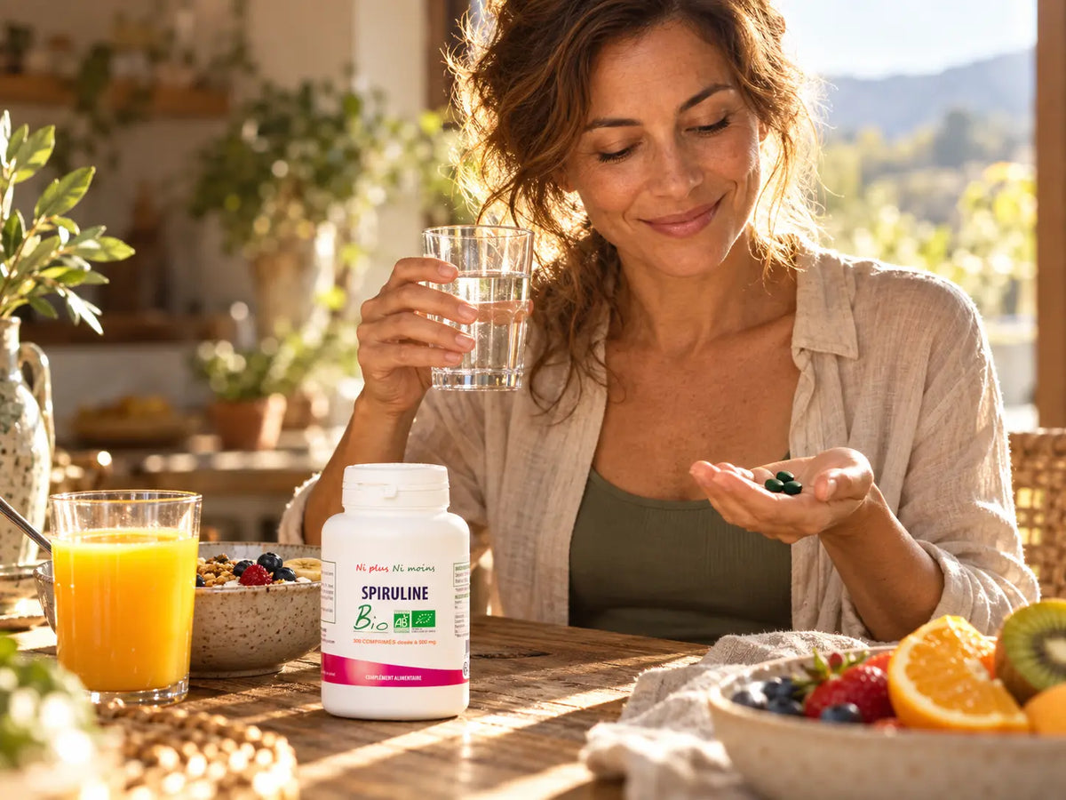 Femme prenant sa cure de spiruline Bio d'atout santé nature le matin au petit-déjeuner Image