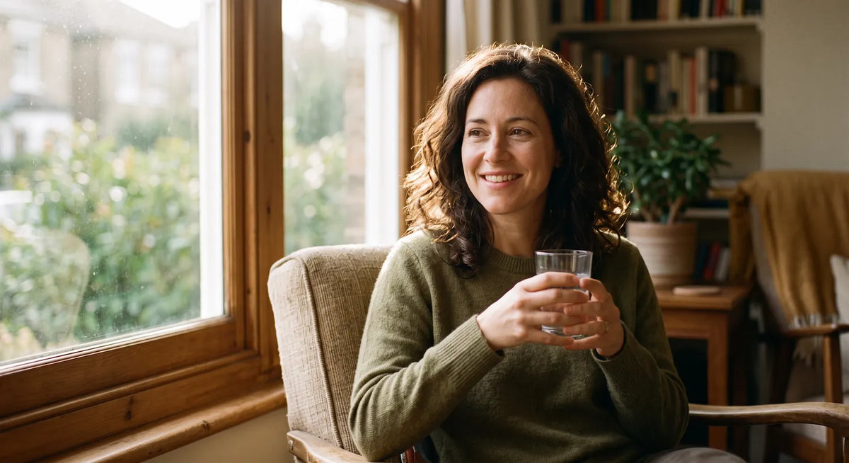 une femme souriante prends son citrate de zinc d'atout santé nature le matin  Image